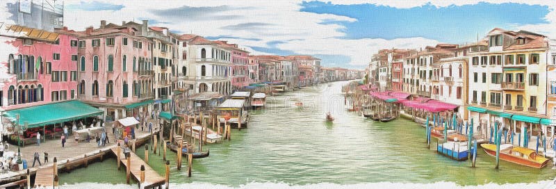 Facades of houses and moorages for boats on the embankment of the Grand Canal. Venice. Italy. Oil paint on canvas. Picture with photo, imitation of painting. Illustration. Panorama. Facades of houses and moorages for boats on the embankment of the Grand Canal. Venice. Italy. Oil paint on canvas. Picture with photo, imitation of painting. Illustration. Panorama