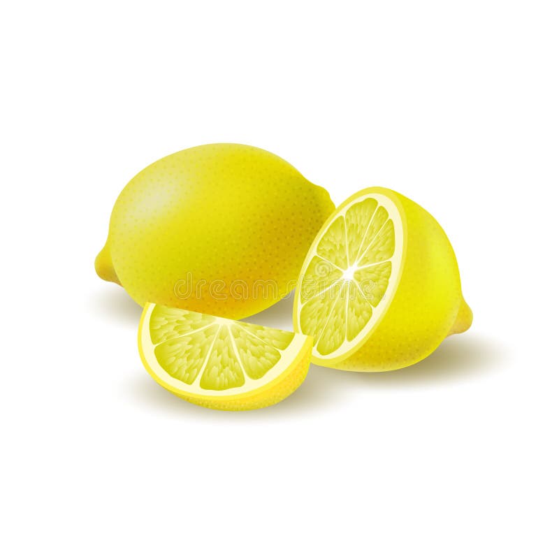 Isolated colored group of lemons, half, slice and whole juicy fruit with shadow on white background. Realistic citrus. Isolated colored group of lemons, half, slice and whole juicy fruit with shadow on white background. Realistic citrus