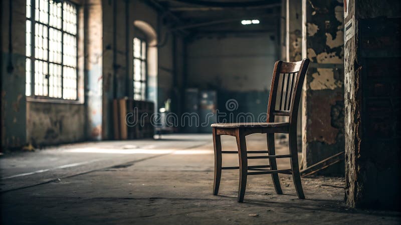 Απομονωμένη καρέκλα σε εγκαταλελειμμένη αποθήκη ελεύθερη απεικόνιση δικαιώματος
