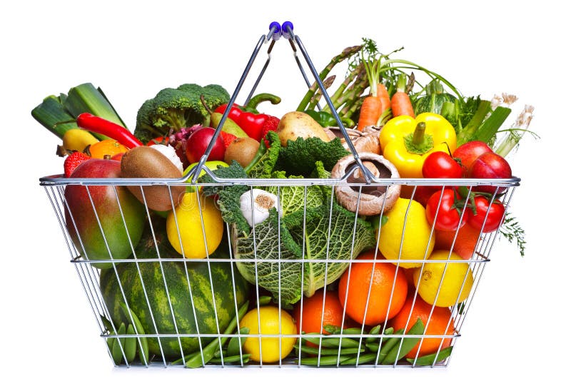 Photo of a wire shopping basket full of fresh fruit and vegetables, isolated on a white background. Photo of a wire shopping basket full of fresh fruit and vegetables, isolated on a white background.