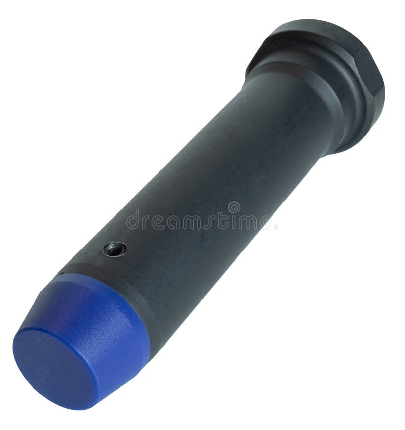 Assault rifle buffer weight isolated in a studio photo that has a black main tube and blue tip. Assault rifle buffer weight isolated in a studio photo that has a black main tube and blue tip