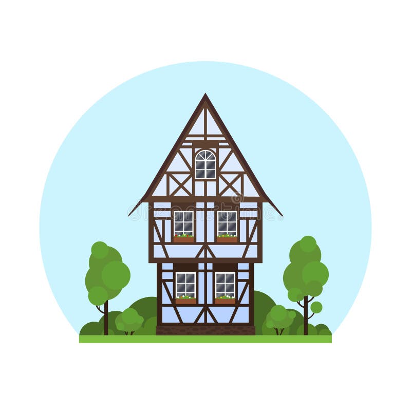 Isolated colored half timbered building on white background. Flat facade of blue european framing house, cottage. Colorful rural house with trees on blue sky background. Isolated colored half timbered building on white background. Flat facade of blue european framing house, cottage. Colorful rural house with trees on blue sky background