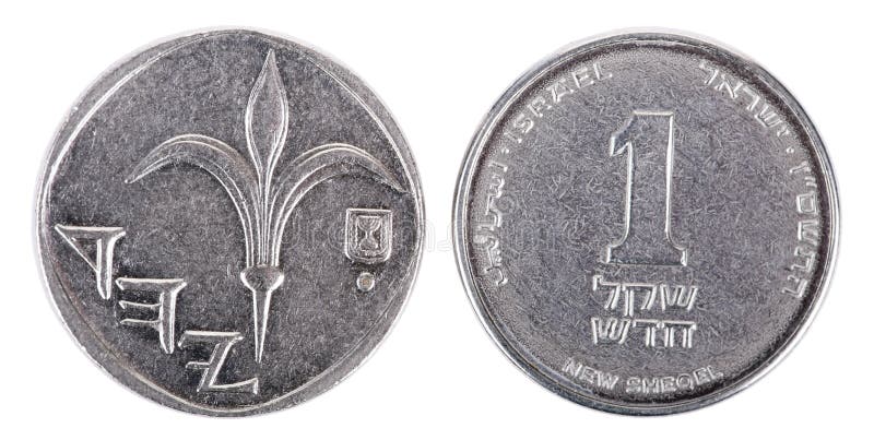 Two sides of an Israeli 5 Shekels (Singular: Shekel) coin. The obverse depicts a lily, Yehud in ancient Hebrew, the state emblem. The reverse depicts the Value, date, Israel in Hebrew, Arabic and English. Isolated on white background. Two sides of an Israeli 5 Shekels (Singular: Shekel) coin. The obverse depicts a lily, Yehud in ancient Hebrew, the state emblem. The reverse depicts the Value, date, Israel in Hebrew, Arabic and English. Isolated on white background.