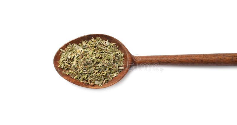 Αποξηραμένο oregano σε κουτάλι απομονωμένο σε λευκό άνω μέρος στοκ φωτογραφία με δικαίωμα ελεύθερης χρήσης