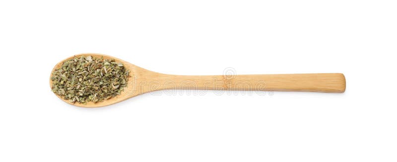 Αποξηραμένο oregano σε κουτάλι απομονωμένο σε λευκό άνω μέρος στοκ φωτογραφίες