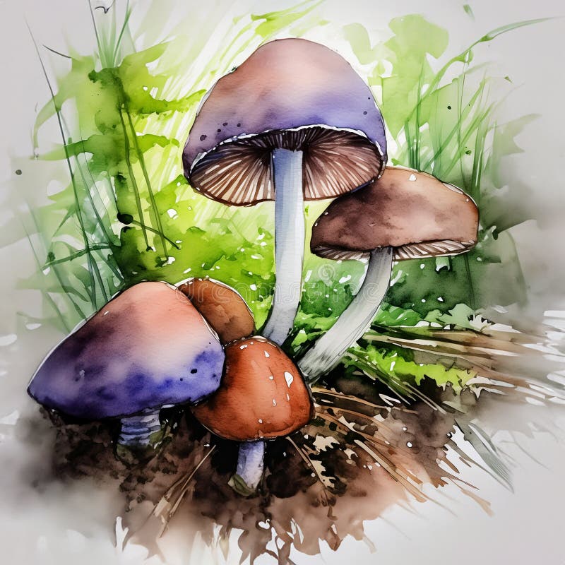 Dew-kissed mushrooms emerge in a watercolor forest, their vibrant hues a testament to natureâ€™s palette. Generative Ai. Dew-kissed mushrooms emerge in a watercolor forest, their vibrant hues a testament to natureâ€™s palette. Generative Ai