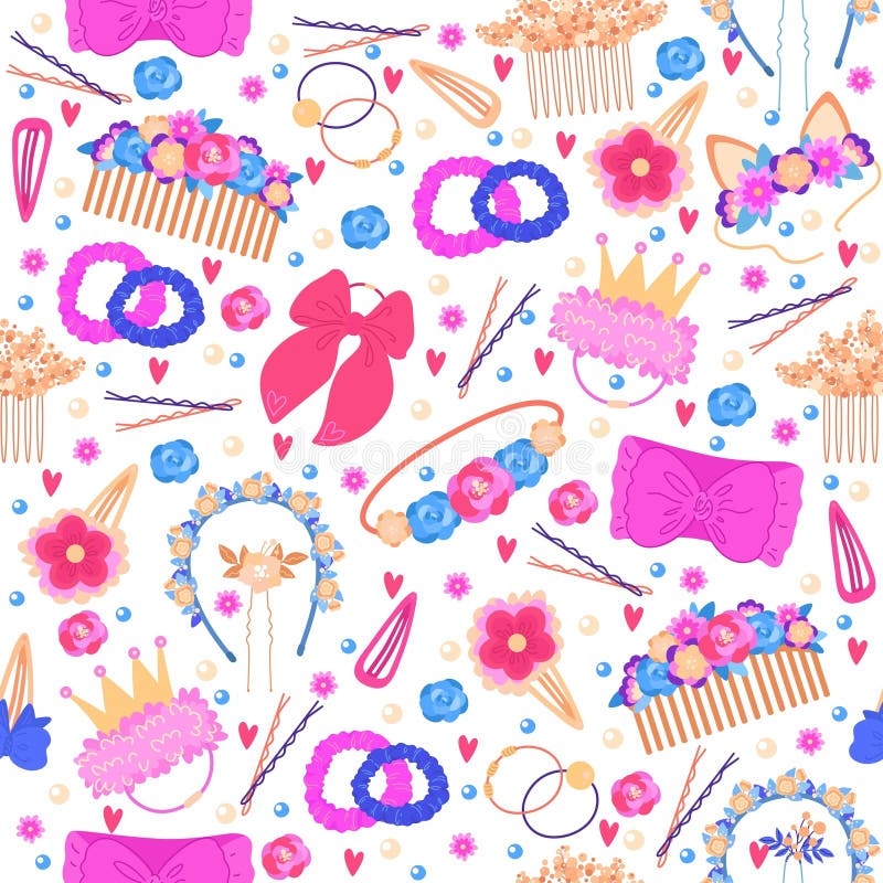 Seamless pattern with embellishments for baby girl. Hair accessories. Hairstyle pink ribbon. Hairgrips or hairbands. Cute hairpins. Little princess crown and flowers. Repeated print. Vector background. Seamless pattern with embellishments for baby girl. Hair accessories. Hairstyle pink ribbon. Hairgrips or hairbands. Cute hairpins. Little princess crown and flowers. Repeated print. Vector background