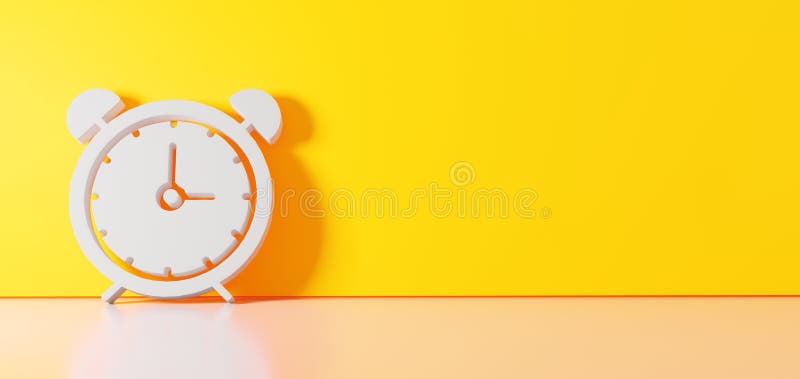 3D rendering of white symbol of alarm clock with two bells and thin clock hands and circle around icon leaning on on color wall with floor blurred reflection with empty space on right side. 3D rendering of white symbol of alarm clock with two bells and thin clock hands and circle around icon leaning on on color wall with floor blurred reflection with empty space on right side