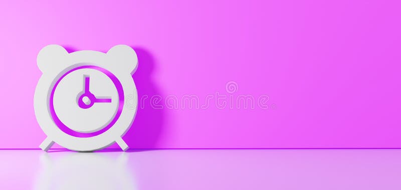 3D rendering of white symbol of alarm clock with two bells and thick clock hands icon leaning on on color wall with floor blurred reflection with empty space on right side. 3D rendering of white symbol of alarm clock with two bells and thick clock hands icon leaning on on color wall with floor blurred reflection with empty space on right side