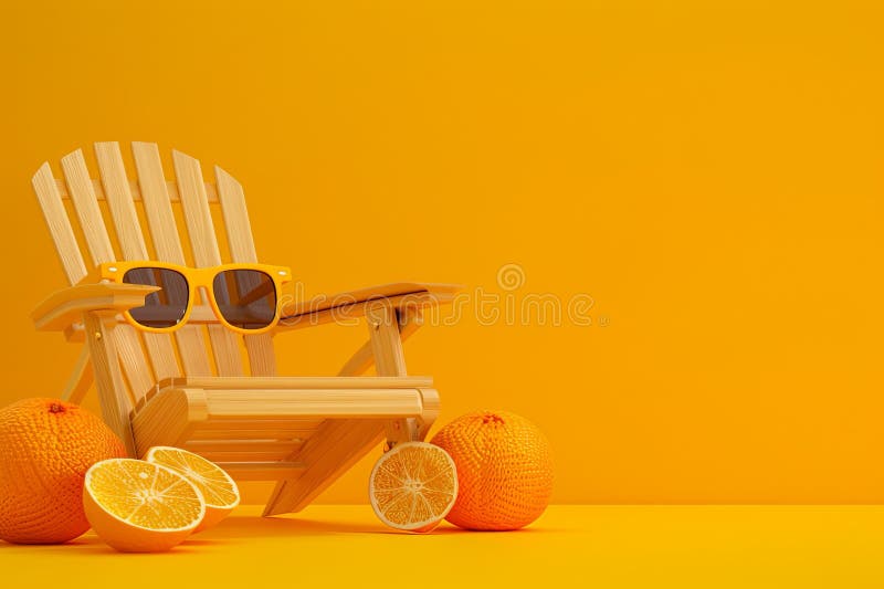 Απόδοση 3D μιας καρέκλας εξωτερικού χώρου και πορτοκαλί με γυαλιά ηλίου σε ένα φωτεινό κίτρινο φόντο, παιχνιδιάρικο καλοκαίρι, εικ απεικόνιση αποθεμάτων