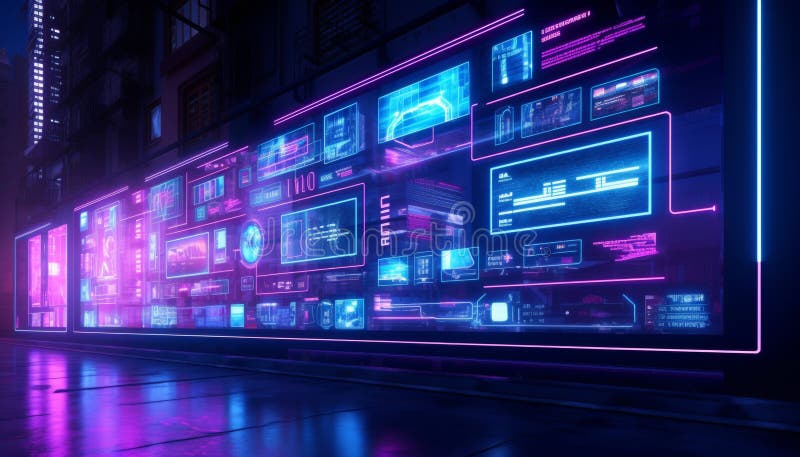 απόδοση 3d οθονών δεδομένων neon cyberpunk σε τοίχο με εντυπωσιακή προοπτική απεικόνιση αποθεμάτων
