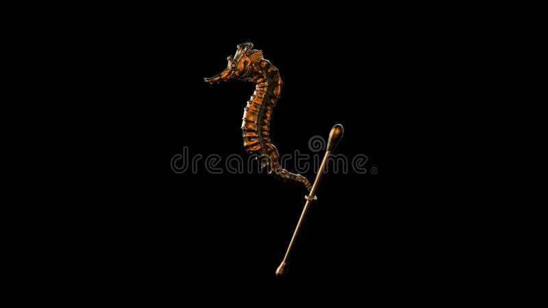 Render sculpt 3d Side view of a Common orange metal Seahorse with swabs. Stop ocean plastic pollution. Composed of white plastic waste bag, bottle on black dark background. Plastic problem. Render sculpt 3d Side view of a Common orange metal Seahorse with swabs. Stop ocean plastic pollution. Composed of white plastic waste bag, bottle on black dark background. Plastic problem