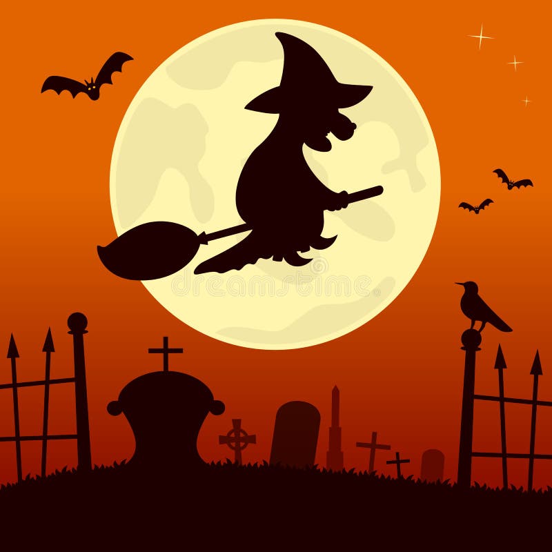 Halloween night scene background with the full moon, bats and a witch flying over a scary cemetery. Eps file available. Halloween night scene background with the full moon, bats and a witch flying over a scary cemetery. Eps file available.