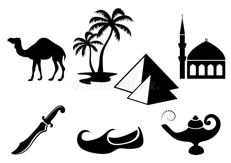 Arabian icons: palm tree,camel,mosque,pyramids,dagger,slipper and magic lamp. Arabian icons: palm tree,camel,mosque,pyramids,dagger,slipper and magic lamp