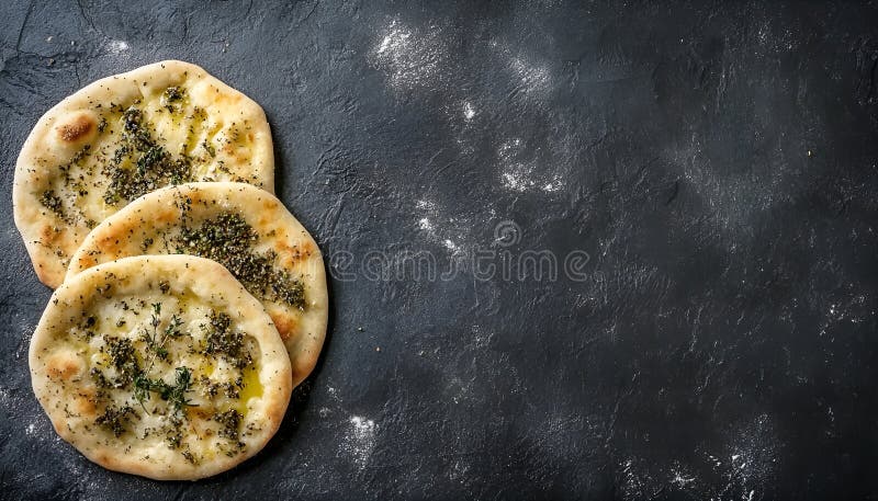 Αραβική πίτσα Manakeesh με επίπεδη επιφάνεια με ζαχαρωτά ζαχαρωτά. Μεσογειακό πορτό στοκ φωτογραφία