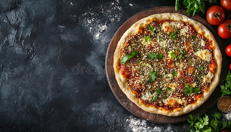 Αραβική πίτσα Manakeesh με επίπεδη επιφάνεια με ζαχαρωτά ζαχαρωτά. Μεσογειακό πορτό στοκ εικόνα