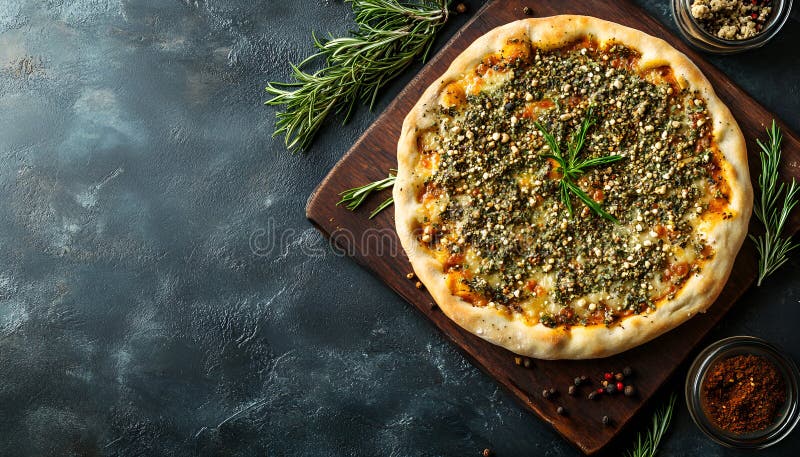 Αραβική πίτσα Manakeesh με επίπεδη επιφάνεια με ζαχαρωτά ζαχαρωτά. Μεσογειακό πορτό στοκ φωτογραφίες με δικαίωμα ελεύθερης χρήσης
