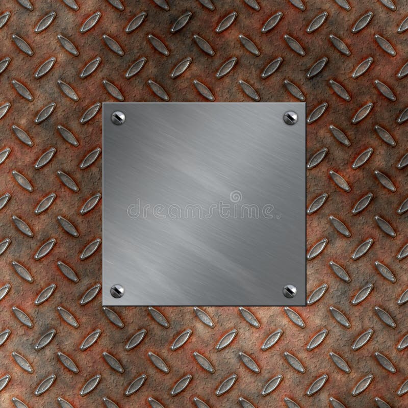 Brushed aluminum plate bolted to a grudge and rusted diamond metal background. Brushed aluminum plate bolted to a grudge and rusted diamond metal background