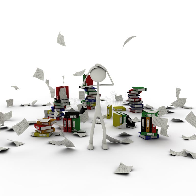 3d figure standing in chaos of files and documents. 3d figure standing in chaos of files and documents