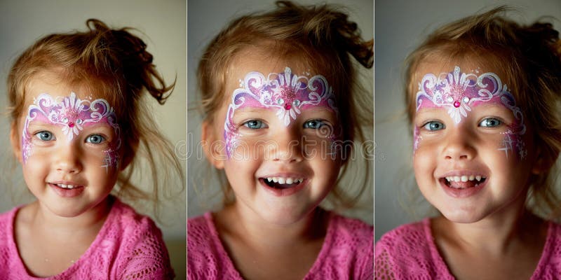 Pretty exciting blue-eyed girl of 2 years with a pink face painting. Pretty exciting blue-eyed girl of 2 years with a pink face painting