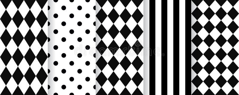 Harlequin seamless pattern. Vector. Black white background with rhombuses, stripes and polka dots. Circus grid tile texture. Diamond print. Geometric illustration. Harlequin seamless pattern. Vector. Black white background with rhombuses, stripes and polka dots. Circus grid tile texture. Diamond print. Geometric illustration