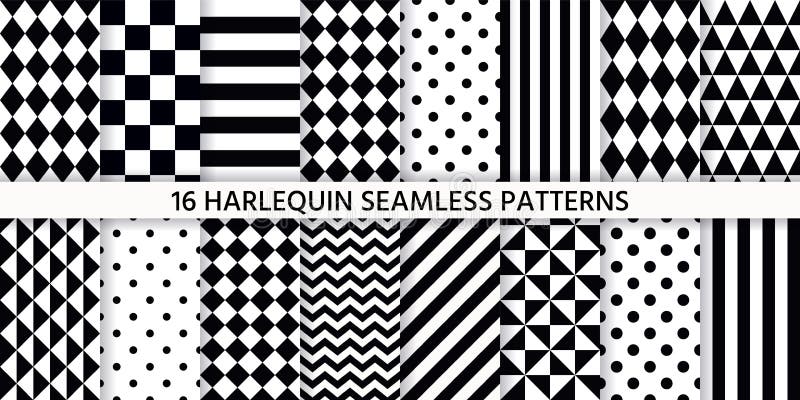 Harlequin seamless pattern. Vector. Black white background with rhombuses, triangles, stripes, dots and plaid. Circus grid tile texture. Geometric monochrome illustration. Set diamond prints. Harlequin seamless pattern. Vector. Black white background with rhombuses, triangles, stripes, dots and plaid. Circus grid tile texture. Geometric monochrome illustration. Set diamond prints