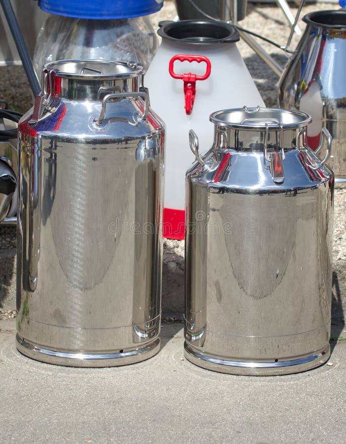 Stainless milking cans for raw milk transportation for dairy industry. Stainless milking cans for raw milk transportation for dairy industry