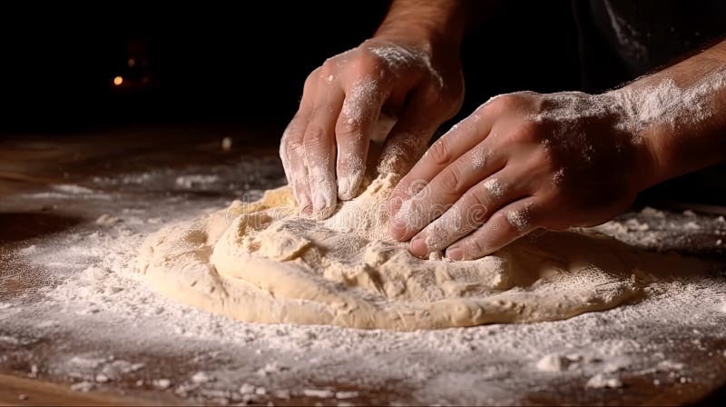 αρσενικά χέρια στο αλεύρι σε ένα ξύλινο τραπέζι. ζύμη ζυμαρικών. διανυσματική απεικόνιση