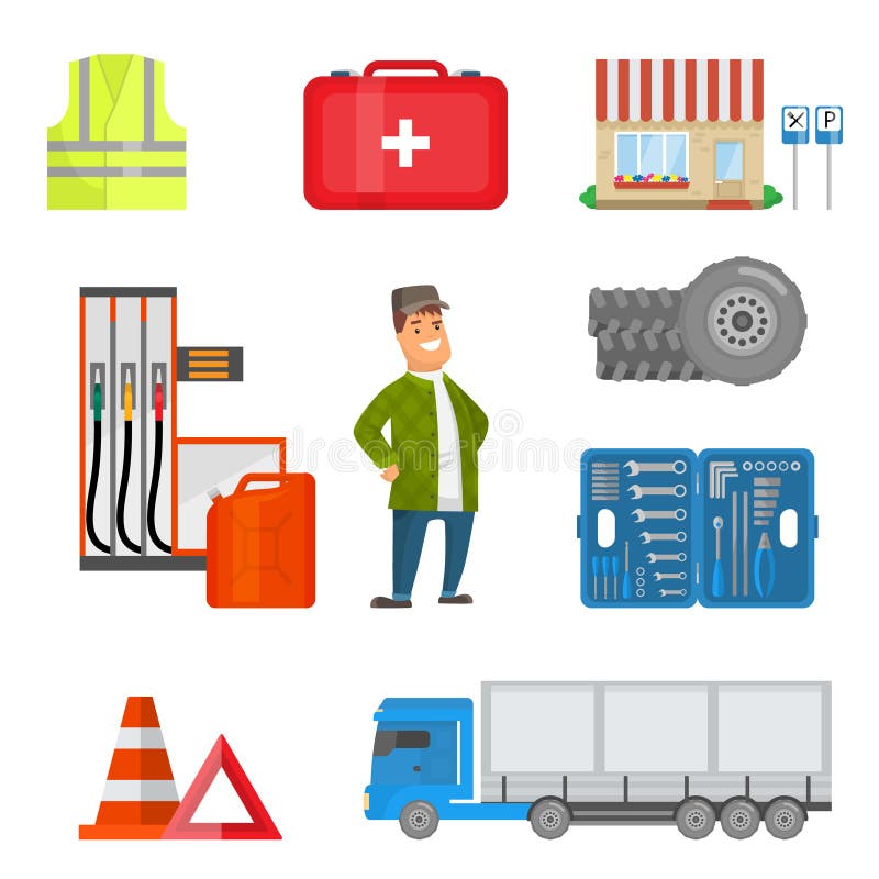 Αρσενική Trucker και δρόμων συλλογή ιδιοτήτων, φανέλλα ασφάλειας, εξάρτηση πρώτων βοηθειών, εργαλειοθήκη, ρόδες ροδών, σημάδια οδ ελεύθερη απεικόνιση δικαιώματος Αρσενική Trucker και δρόμων συλλογή ιδιοτήτων, φανέλλα ασφάλειας, εξάρτηση πρώτων βοηθειών, εργαλειοθήκη, ρόδες ροδών, σημάδια οδ ελεύθερη απεικόνιση δικαιώματος