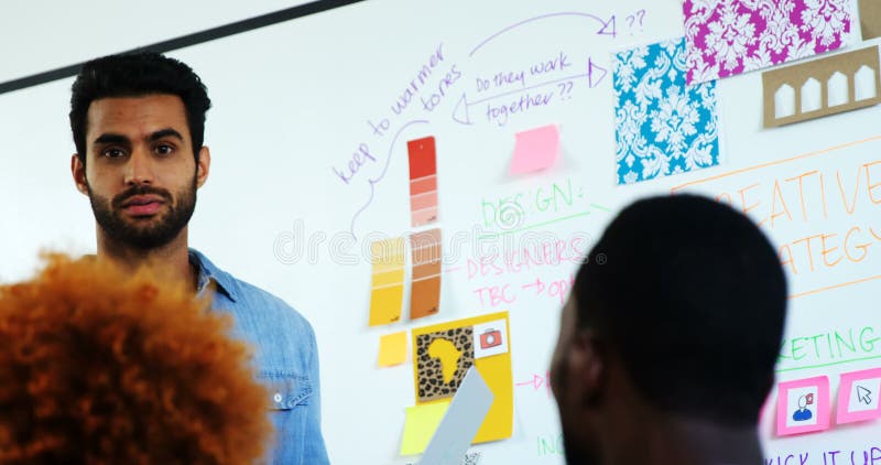 Αρσενικός ανώτερος υπάλληλος που συζητά πέρα από το whiteboard