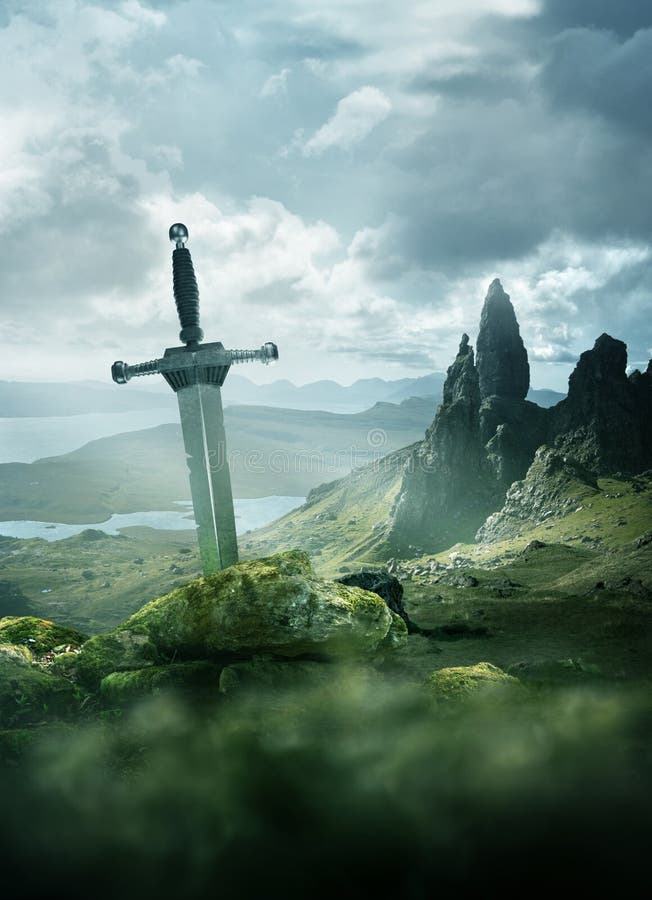 An aged knights sword stuck in the ground with the rolling mountains from the Isle of Skye in the background. Fantasy 3D mixed media illustration. An aged knights sword stuck in the ground with the rolling mountains from the Isle of Skye in the background. Fantasy 3D mixed media illustration