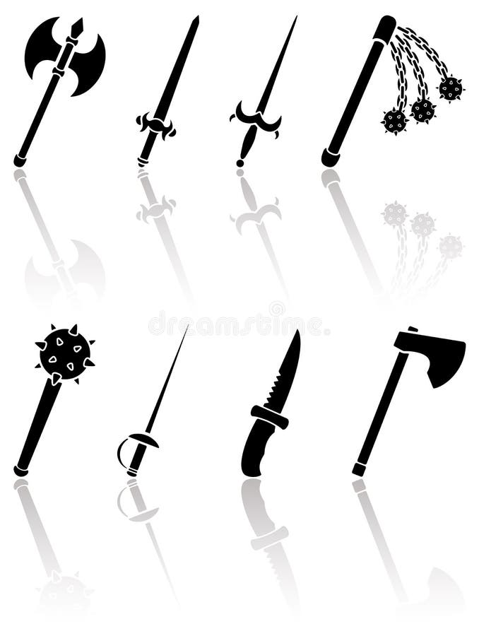 Set of black ancient weapon icons on white background, illustration. Set of black ancient weapon icons on white background, illustration