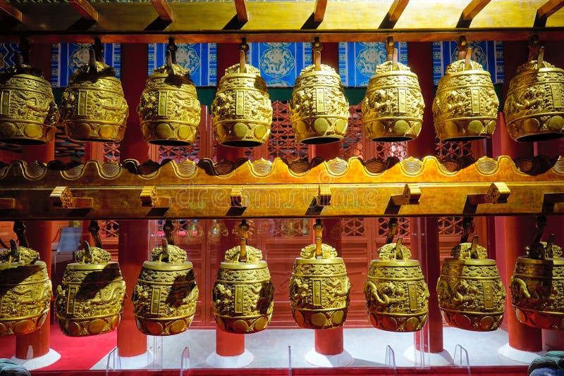 The close-up of golden Chines ancient chimes. It was collected at the the Imperial Palace Museum in Beijing. The close-up of golden Chines ancient chimes. It was collected at the the Imperial Palace Museum in Beijing.