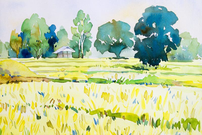 Αρχική ζωγραφική τοπίων Watercolor ζωηρόχρωμη του εξοχικού σπιτιού, τομέας ρυζιού ελεύθερη απεικόνιση δικαιώματος Αρχική ζωγραφική τοπίων Watercolor ζωηρόχρωμη του εξοχικού σπιτιού, τομέας ρυζιού ελεύθερη απεικόνιση δικαιώματος