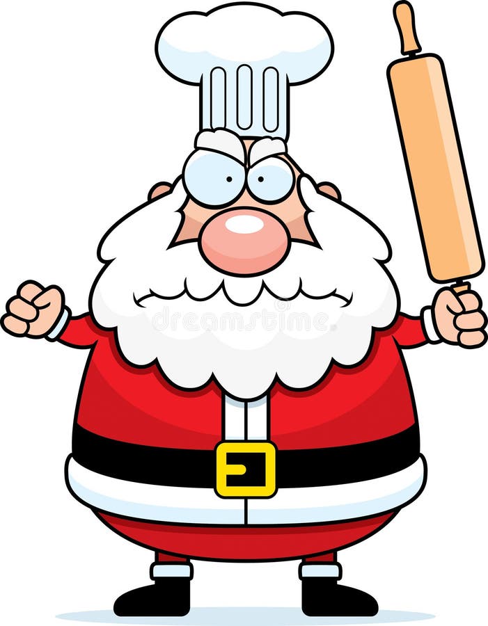 A cartoon illustration of a Santa Claus chef looking angry. A cartoon illustration of a Santa Claus chef looking angry.