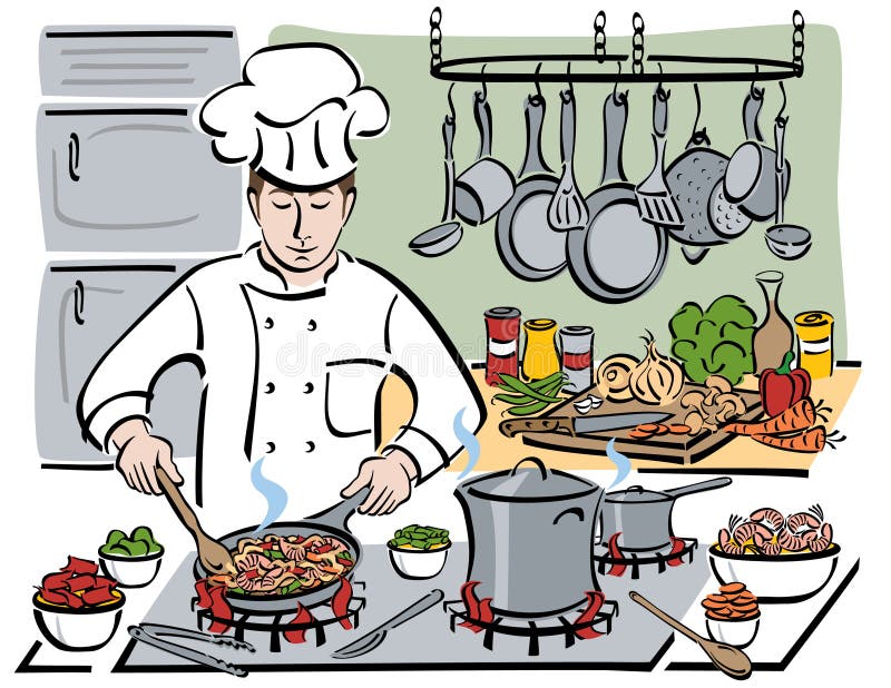 Illustration of a professional chef sautÃ©ing shrimp with pasta and vegetables in a restaurant kitchen. Illustration of a professional chef sautÃ©ing shrimp with pasta and vegetables in a restaurant kitchen.