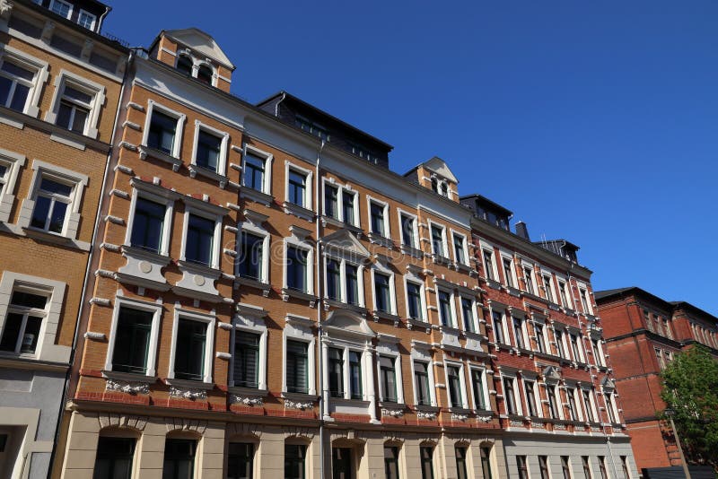 Chemnitz city, Germany. Street view of German residential architecture. Apartment buildings of Kassberg district. Chemnitz city, Germany. Street view of German residential architecture. Apartment buildings of Kassberg district