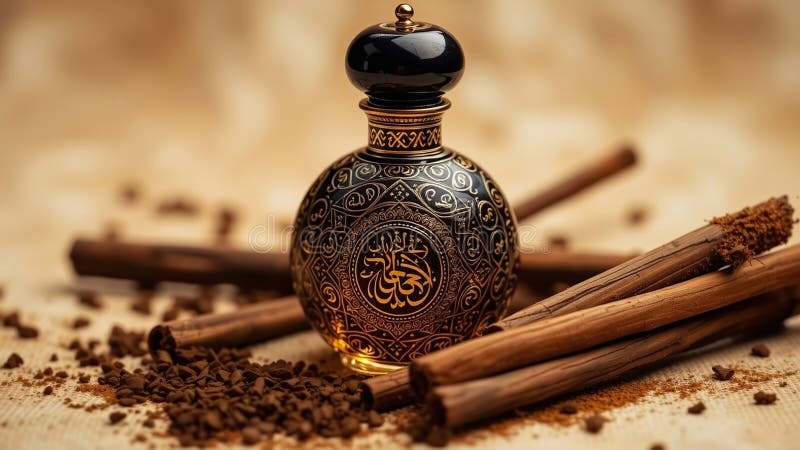 Αρωματικό αραβικό άρωμα και πολύτιμη ρητίνη άγαργουντ πολυτελές άρωμα που αποκαλύπτεται σε απαλό μπεζ φόντο ελεύθερη απεικόνιση δικαιώματος