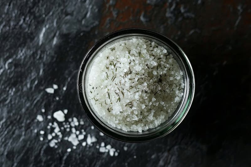 αρωματικό δενδρολίβανο με θαλασσινό αλάτι που παρουσιάζεται σε στυλ εσοδείας σε μαύρο πέτρινο φόντο. στοκ εικόνες με δικαίωμα ελεύθερης χρήσης