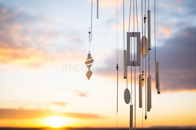 silver metallic wind chimes in silhouette against sunset, created with generative ai AI generated. silver metallic wind chimes in silhouette against sunset, created with generative ai AI generated