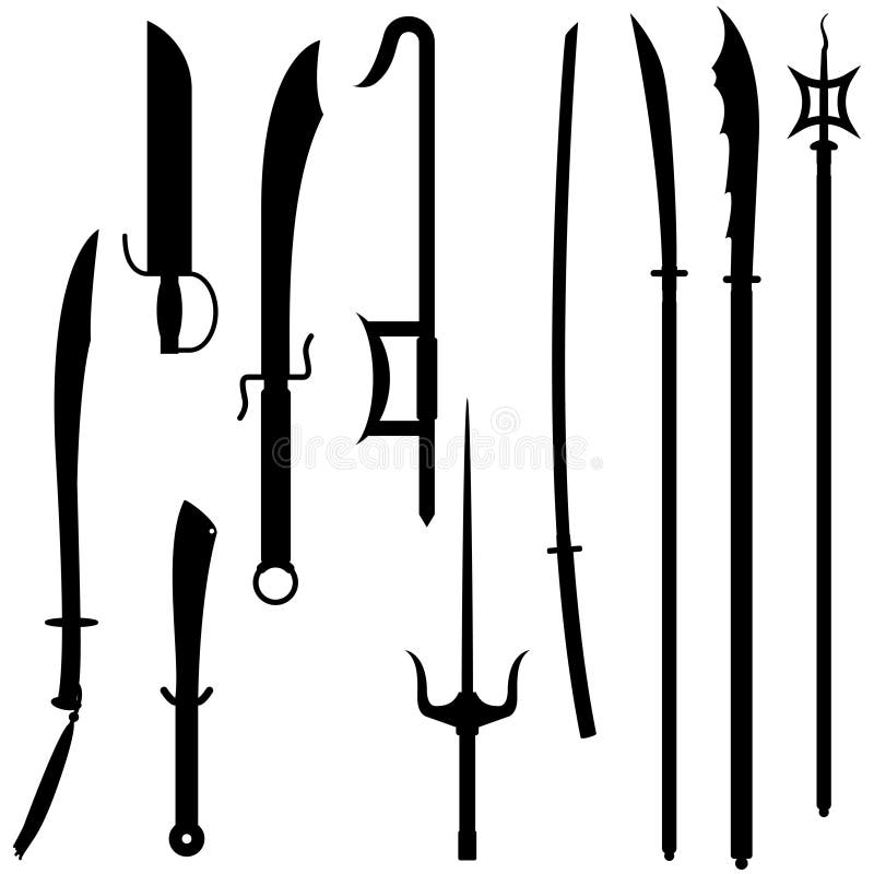 A collection of ten asian swords and spears. A collection of ten asian swords and spears.
