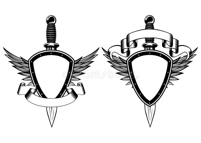 Vector illustration shield, wings and dagger. Vector illustration shield, wings and dagger