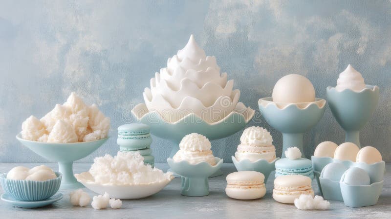 Ασπρόμαυρη εμφάνιση κομψού επιδόρπου με Macaron και Meringue απεικόνιση αποθεμάτων