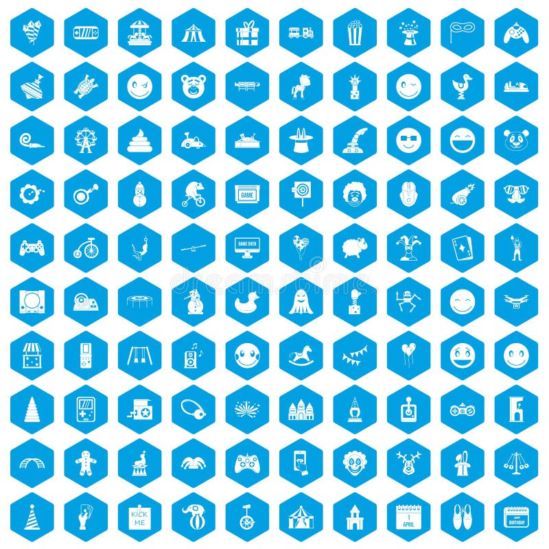 100 funny icons set in blue hexagon isolated vector illustration. 100 funny icons set in blue hexagon isolated vector illustration