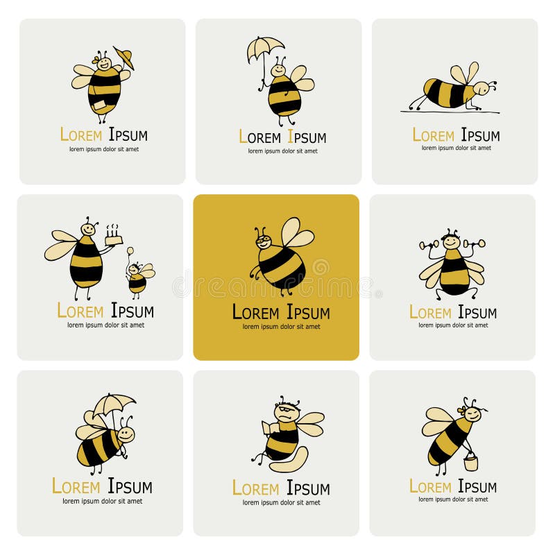 Funny bee collection, sketch for your design. Vector illustration. Funny bee collection, sketch for your design. Vector illustration