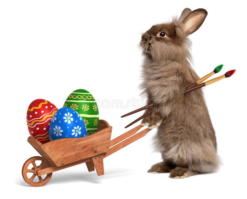 Αστείο bunny Πάσχας κουνέλι με wheelbarrow και κάποιο αυγό Πάσχας