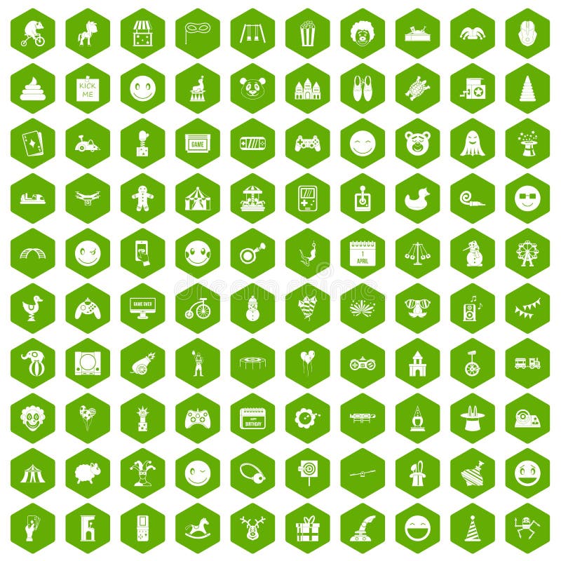 100 funny icons set in green hexagon isolated vector illustration. 100 funny icons set in green hexagon isolated vector illustration