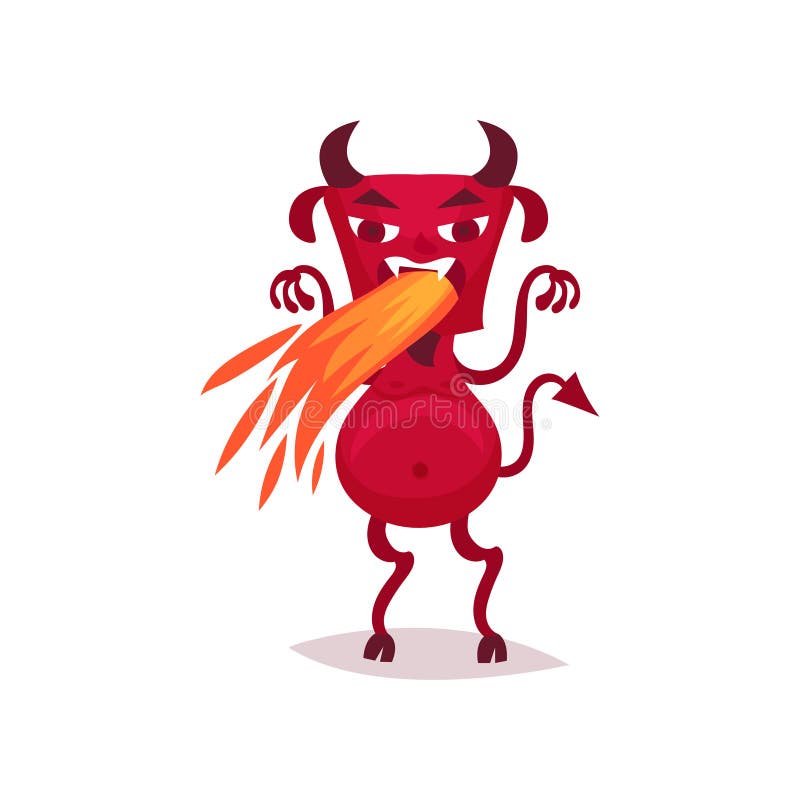 Funny devil with horns and tail breathing out hot flame, red demon cartoon character vector Illustration on a white background. Funny devil with horns and tail breathing out hot flame, red demon cartoon character vector Illustration on a white background