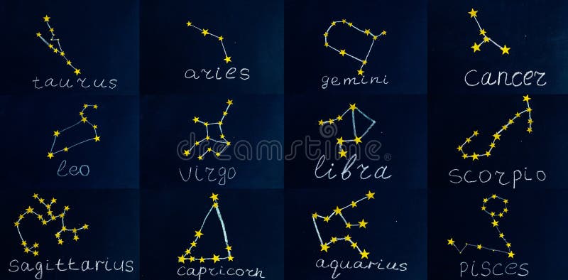 Constellations of zodiac signs drawn in chalk and sequins in the form of a check on a chalkboard collage. Constellations of zodiac signs drawn in chalk and sequins in the form of a check on a chalkboard collage