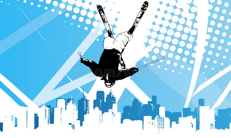 This is abstract art of urban freestyle skiier jumping the backflip. There is a blue background with city lights and dot pattern, well known as halftone effect. This is abstract art of urban freestyle skiier jumping the backflip. There is a blue background with city lights and dot pattern, well known as halftone effect.